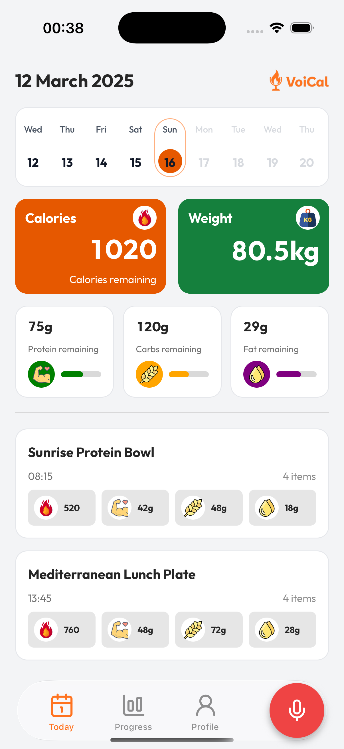 Voical app screenshot - calorie dashboard
